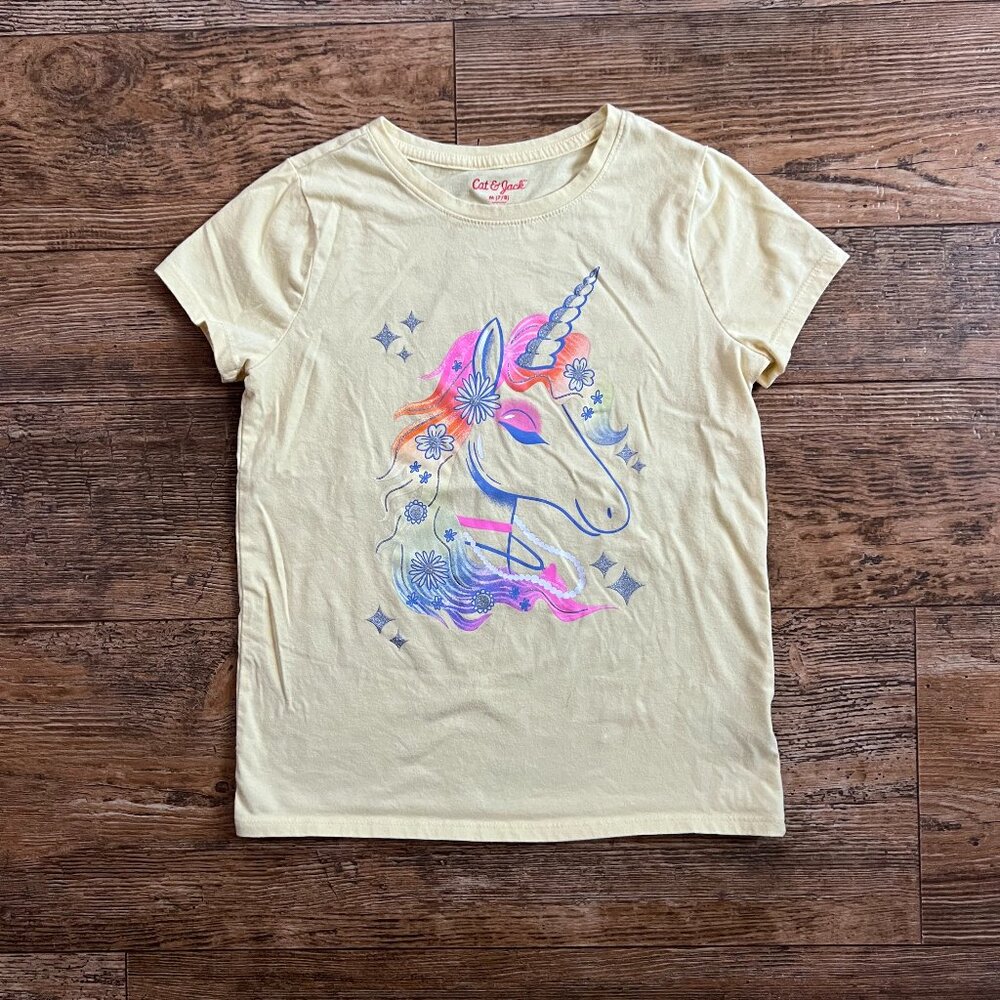 Cat & Jack Sparkly Unicorn Girl's Yellow T Shirt M 7/8 - Stars Flowers Pearls